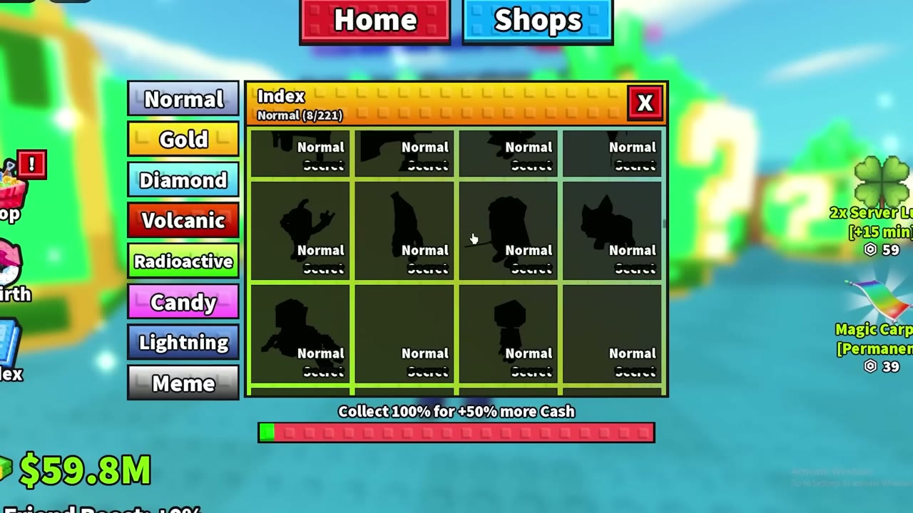 Gameplay showing the Brainrot Index categories and completion reward
