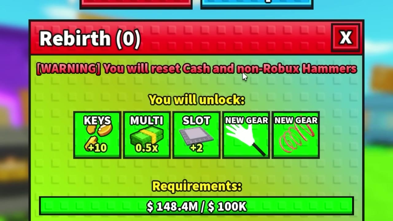 Rebirth panel showing the reset warning and reward categories